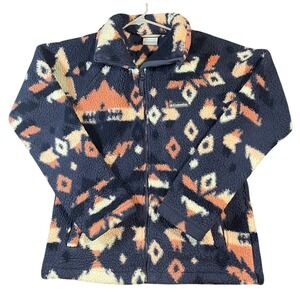 Columbia Womens Navy Blue Southwestern Geometric Sherpa Fleece Zip Jacket Small